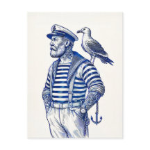 Antieke illustratie van een zeiler met een meeuw o