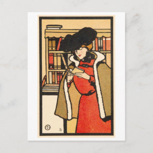 Antieke illustratie van vrouw die een boek leest briefkaart