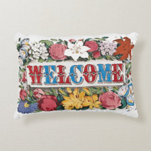 Antieke Illustratie WELKOM met Bloemen Accent Kussen