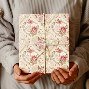 Antieke Ivoor Bourgondië Gerimpelde Harten Landeli Cadeaupapier