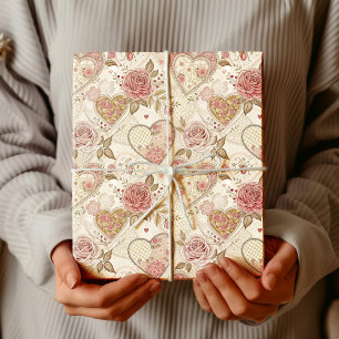 Antieke Ivoor Bourgondië Gerimpelde Harten Landeli Cadeaupapier