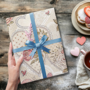 Antieke Ivoor Bourgondië Gerimpelde Harten Roos Pa Cadeaupapier