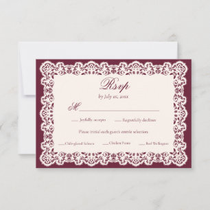 Antieke Ivoor Kant Burgundy Trouwmaal RSVP Kaartje