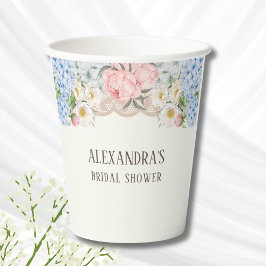 Antieke Ivoor Pioen Blauwe Hortensia Bruidsdouche Papieren Bekers