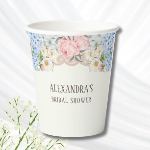 Antieke Ivoor Pioen Blauwe Hortensia Bruidsdouche Papieren Bekers