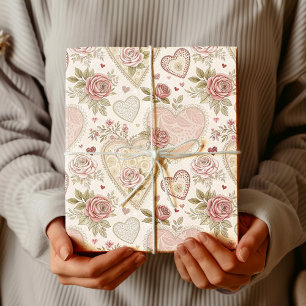 Antieke Ivoor Roos Geborduurd Hartpatroon Cadeaupapier