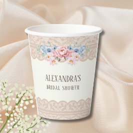 Antieke Ivoren Blauwe Bloem Kant Bruidsdouche Papieren Bekers