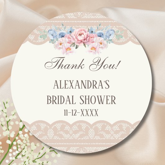 Antieke ivoren bloem kant bruidsdouche bedankje ronde sticker