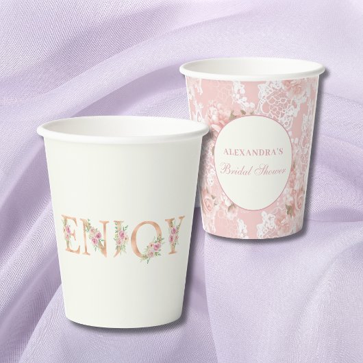 Antieke ivoren roze rozen bruidsdouche papieren bekers