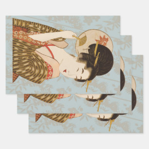 Antieke Japanse Geisha-meisje in Kimono met waaier Inpakpapier Vel