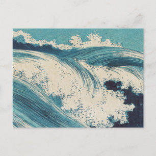 Antieke Japanse Houtblok Blauwe Oceaangolven Print Briefkaart