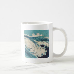 Antieke Japanse Houtblok Blauwe Oceaangolven Print Koffiemok