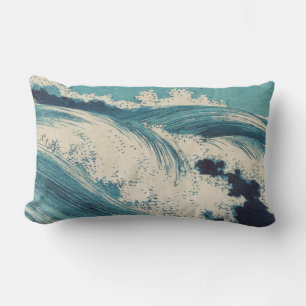 Antieke Japanse Houtblok Blauwe Oceaangolven Print Kussen