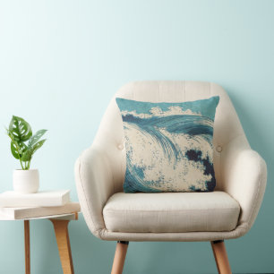 Antieke Japanse Houtblok Blauwe Oceaangolvenprint Kussen