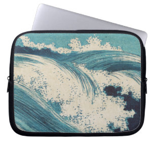 Antieke Japanse Houtblok Blauwe Oceaangolvenprint Laptop Sleeve