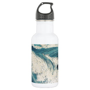 Antieke Japanse Houtblok Blauwe Oceaangolvenprint Waterfles