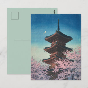 Antieke Japanse Houtblokdruk Lentebede Pagode Briefkaart