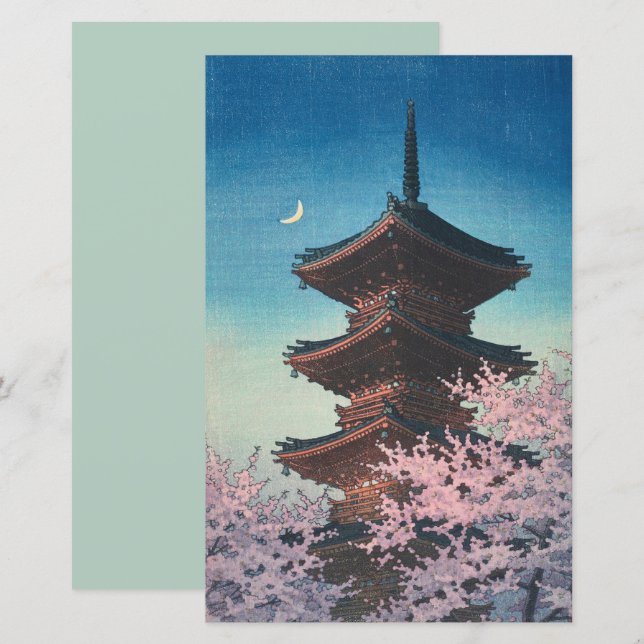 Antieke Japanse Houtblokdruk Lentebedeling Pagode (Voorkant / Achterkant)