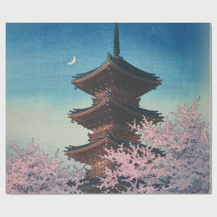 Antieke Japanse Houtblokdruk Lentebloesem Pagode Cadeaupapier