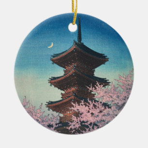 Antieke Japanse Houtblokdruk Lentebloesem Pagode Keramisch Ornament