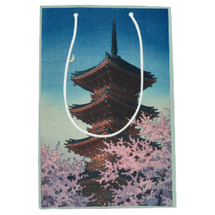 Antieke Japanse Houtblokdruk Lentebloesem Pagode Medium Cadeauzakje