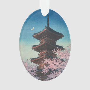Antieke Japanse Houtblokdruk Lentebloesem Pagode Ornament