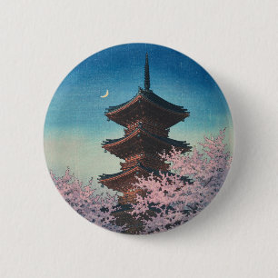 Antieke Japanse Houtblokdruk Lentebloesem Pagode ' Ronde Button 5,7 Cm