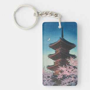Antieke Japanse Houtblokdruk Lentebloesem Pagode Sleutelhanger