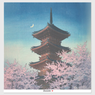 Antieke Japanse Houtblokdruk Lentebloesem Pagode Sticker