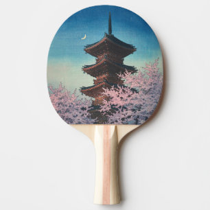 Antieke Japanse Houtblokdruk Lentebloesem Pagode Tafeltennisbatje