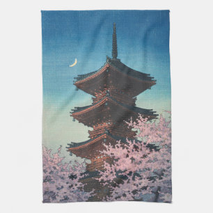 Antieke Japanse Houtblokdruk Lentebloesem Pagode Theedoek