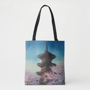 Antieke Japanse Houtblokdruk Lentebloesem Pagode Tote Bag