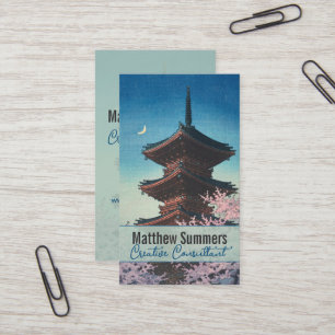 Antieke Japanse Houtblokdruk Lentebloesem Pagode Visitekaartje