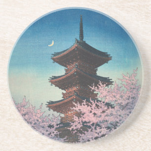 Antieke Japanse Houtblokdruk Lentebloesem Pagode Zandsteen Onderzetter