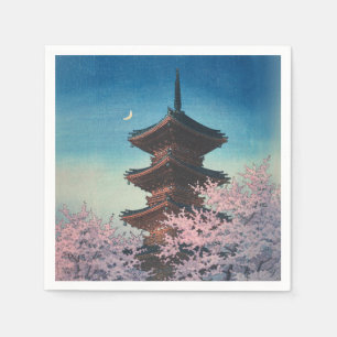 Antieke Japanse Houtblokprint Lentebloesem Pagode Servet