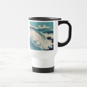 Antieke Japanse houtsnede blauwe oceaangolvenprint Reisbeker