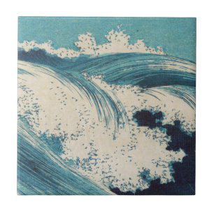 Antieke Japanse houtsnede blauwe oceaangolvenprint Tegeltje