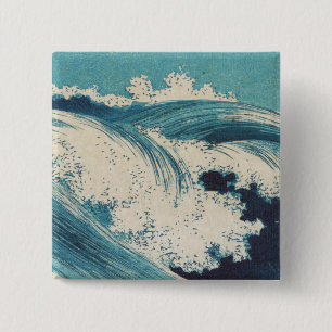 Antieke Japanse houtsnede blauwe oceaangolvenprint Vierkante Button 5,1 Cm