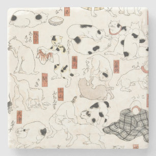 Antieke Japanse kattenkunst Ukiyoe houtsnede Stenen Onderzetter