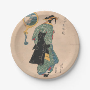 Antieke Japanse Kimono Vrouw Ukiyo-e Houtsnede Papieren Bordje