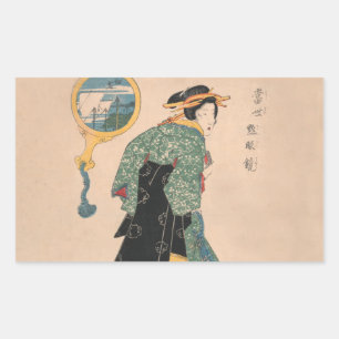 Antieke Japanse Kimono Vrouw Ukiyo-e Houtsnede Rechthoekige Sticker