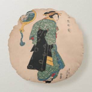 Antieke Japanse Kimono Vrouw Ukiyo-e Houtsnede Rond Kussen