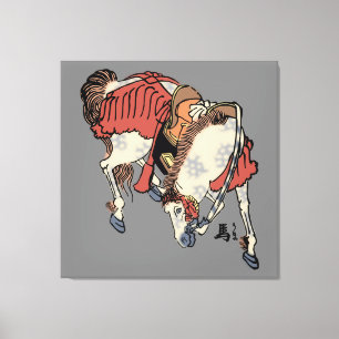 Antieke Japanse Paard op Middelgrijs Canvas Afdruk