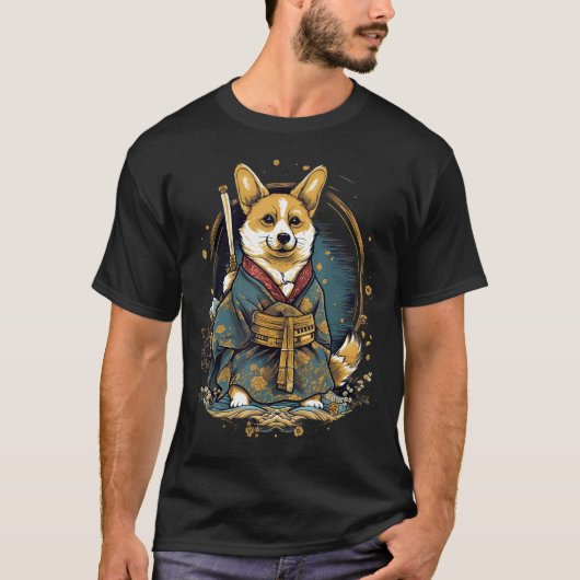 Antieke Japanse Samurai Corgi Hond T-shirt (Voorkant)