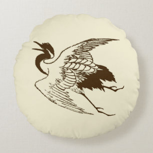 Antieke Japanse tekening van een kraanvogel, bruin Rond Kussen