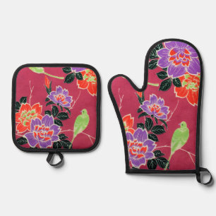 Antieke Japanse Vogel en Bloem Ovenwant & Pannenlap Set