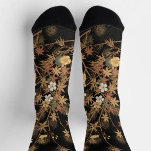 Antieke Japanse Zwart Gouden Herfst Bloem Kunst Sokken