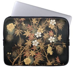 Antieke Japanse Zwarte Goud Herfst Bloem Kunst Laptop Sleeve