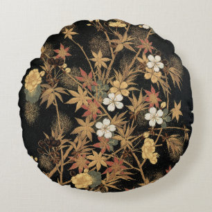 Antieke Japanse Zwarte Goud Herfst Bloem Kunst Rond Kussen