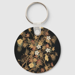Antieke Japanse Zwarte Goud Herfst Bloem Kunst Sleutelhanger